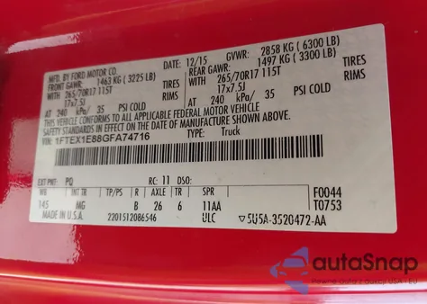 2016 Ford F-150 Xlt из США, поврежденный, VIN 1FTEX1E88GFA74716